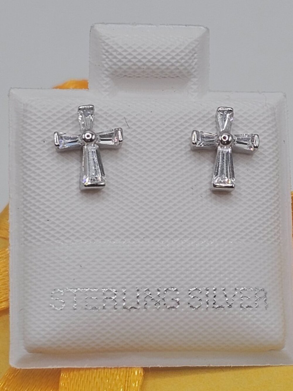 Sterling Silver 925 Rhodium Plated Baguette CZ Cross Stud Earrings